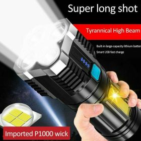 POWERFUL Tactical Quad-Core Super Bright Torch LED Flashlight USB Rechargeable Camping (Option: Black)