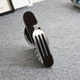 Stainless Steel 6-in-1 Multi-Tool Cutlery Set, Folding Pocket Knife with Fork, Spoon, Can Opener, Corkscrew, and Bottle Opener (Color: Black)